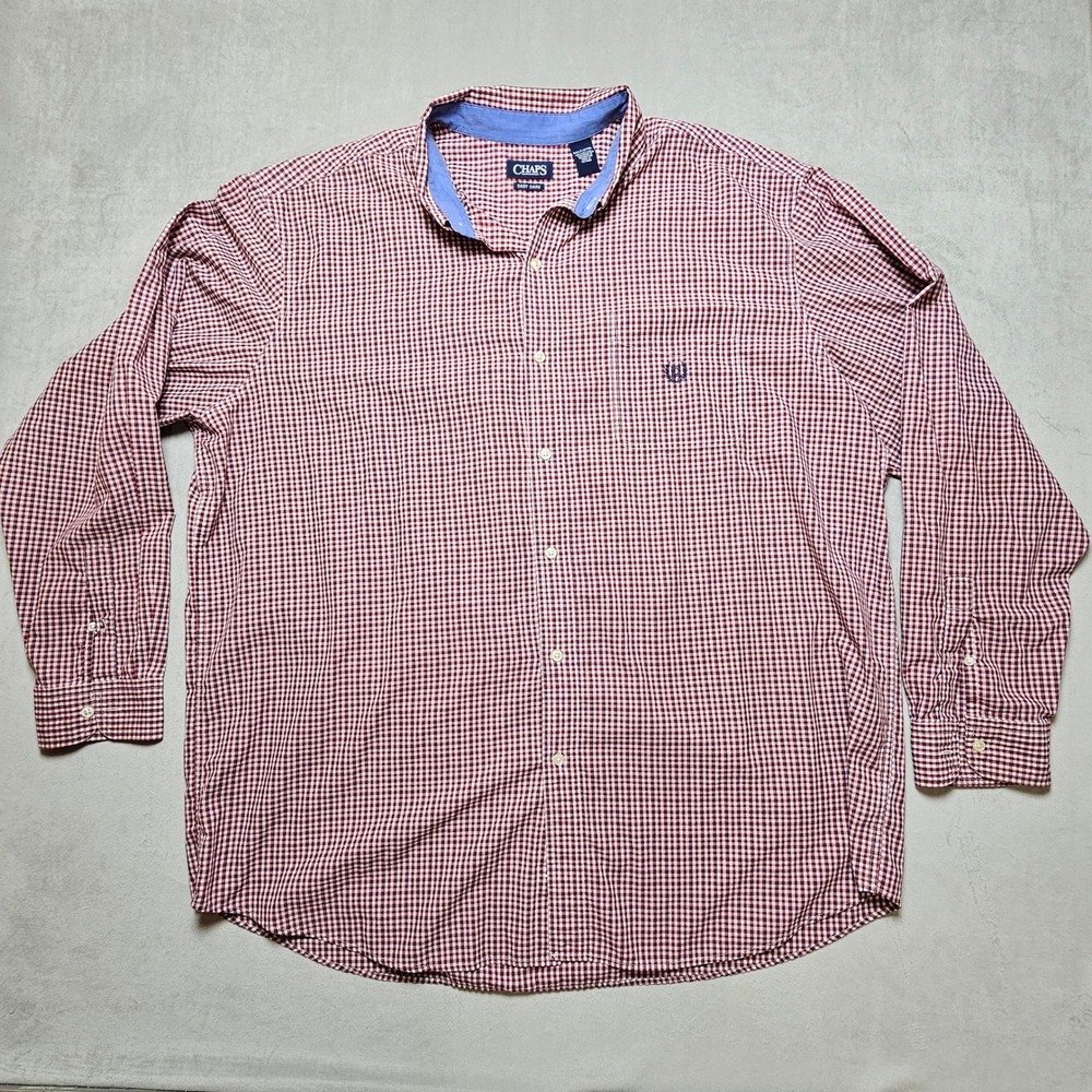 Chaps Mens 3XLT Burgundy Gingham Easy Care Button Down Shirt Big & Tall